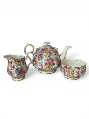 Royal Albert Porcelain Rose Chintz Tea Set with Teapot, Creamer, and Sugar Bowl